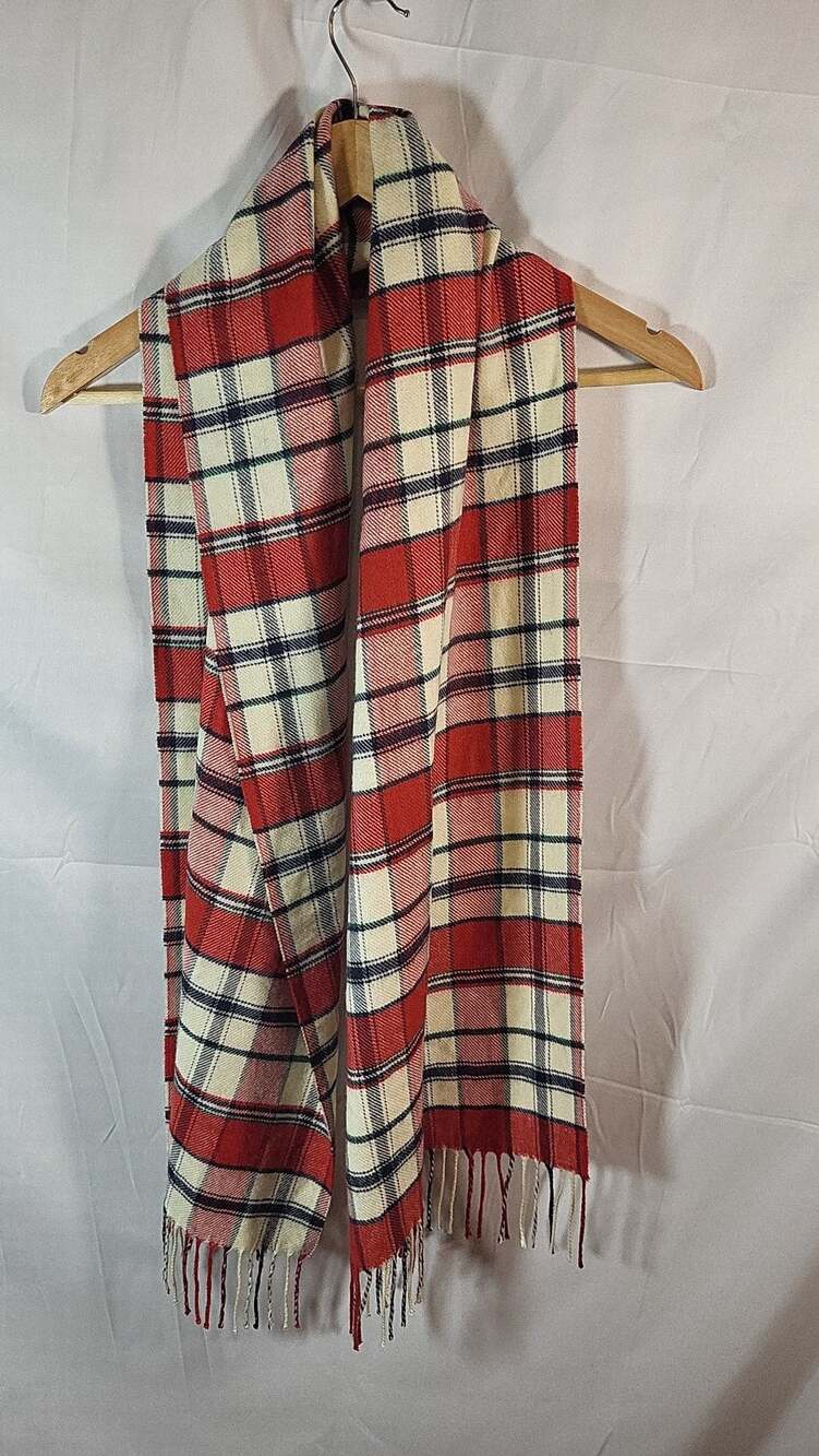 Lands' End Red and Cream Plaid Fringed Scarf